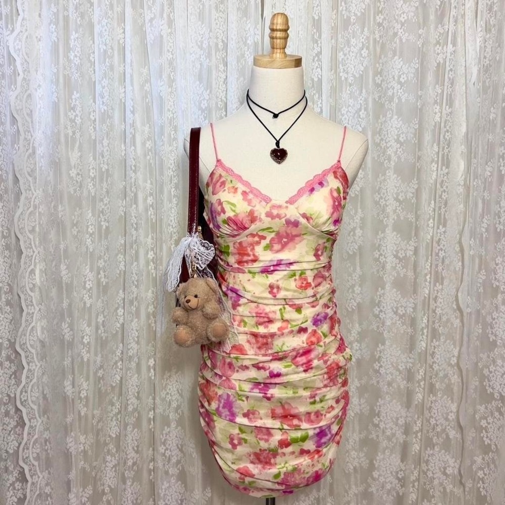 Princess Polly Floral Bodycon Mini‎ Dress Size 6 Pink & Yellow Vacation Coquette